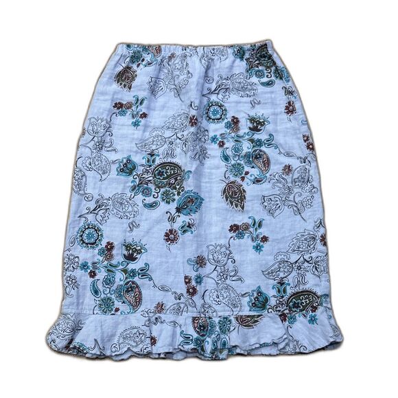 Tom Tom Midi Skirt Womens Medium Linen Elastic Waist Ruffle Floral Stretch Blue - Picture 1 of 4